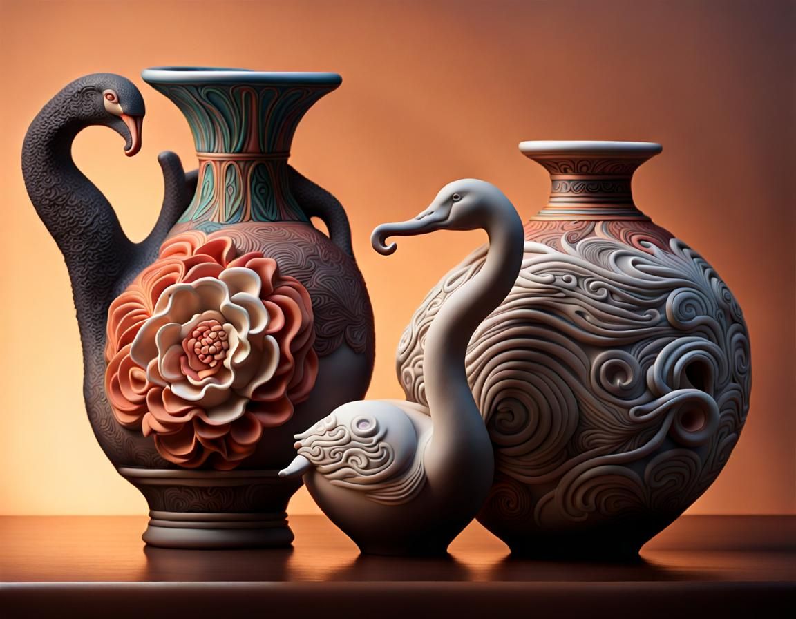 "Eccentric Clay Pottery in a shape of elegant swan and an Elephant at thesunrise";  by @Omri_slam
