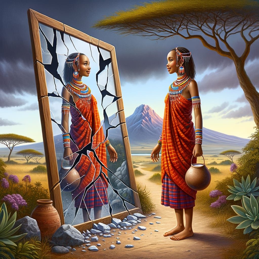 Book cover for a literary novel titled “The Broken Mirror.” In the foreground, a young beautiful,
light skined Maasai woman stands before a ...