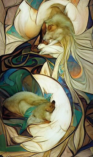 White Fox Sleeping in the Moon Amanda Sage Alphonse Mucha