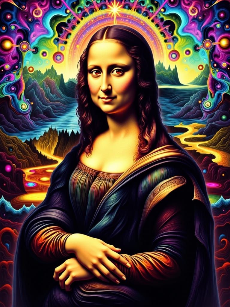 Psychedelic Mona Lisa in Kaleidoscopic Rainbow