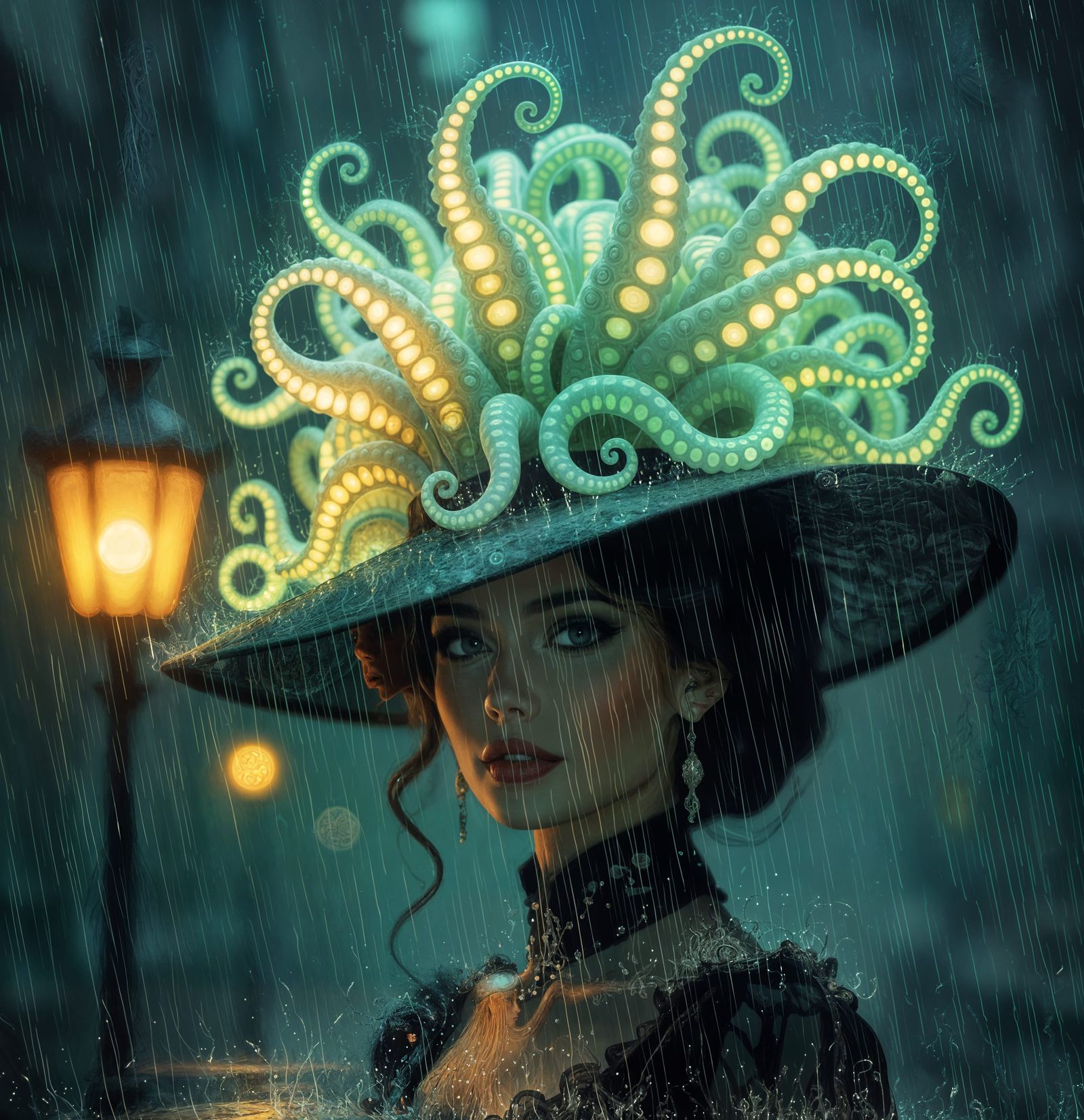 Woman wearing a hat made from glowing and writhing tentacles, Surrealist, Weird and Glowing gaslight ...  by @SummaNullaOne