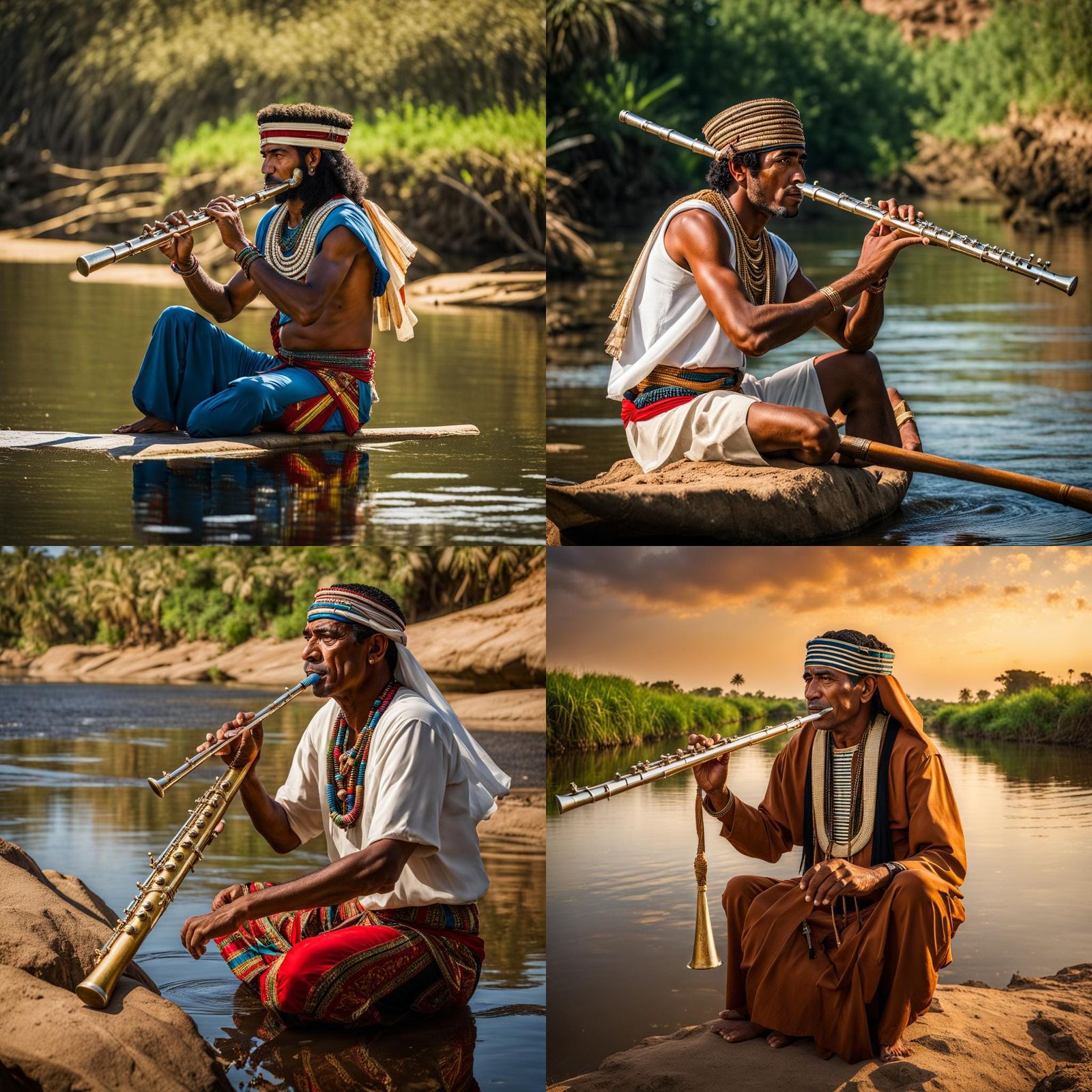 musician egyptian with flute in a nilo river