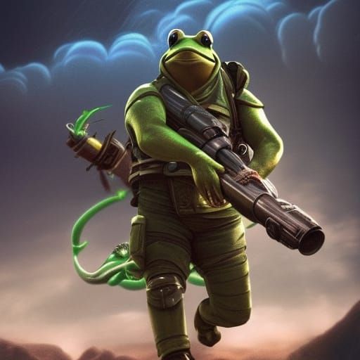 A frog wielding a rocket-launcher from a video game.