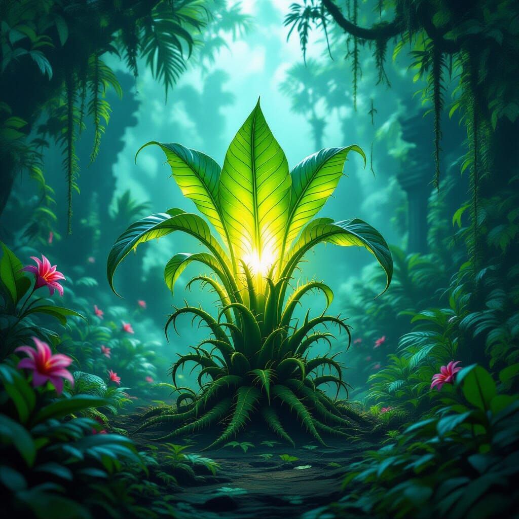 Mysterious Bioluminescent Carnivorous Plant in Glowing Jungl...