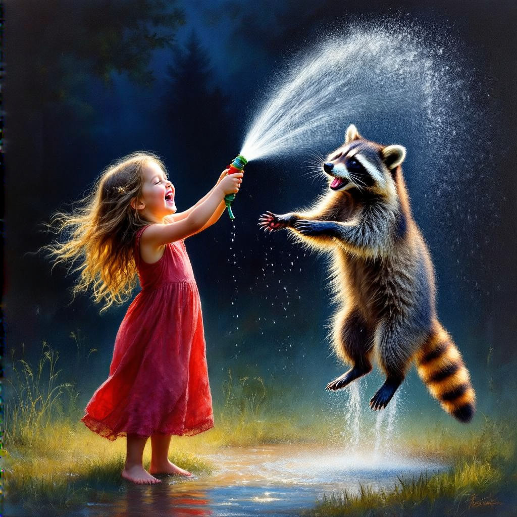 A young girl is spraying her raccoon   #3