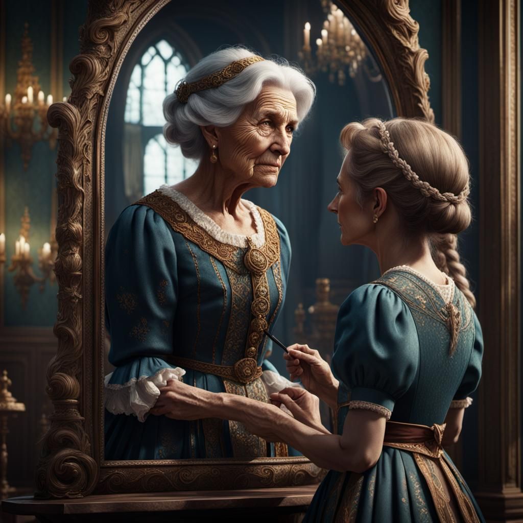 Elderly woman looking at a mirror and seeing a young girl.  by @PJFAZE