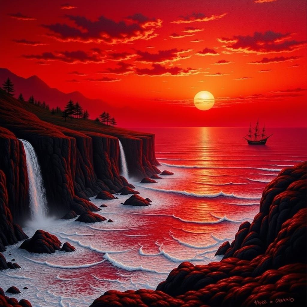 <lora:Autumn Colors:1.0> Acrylic painting, entirely in various shades of crimson, a dramatic  Asian influenced style, Japanese coastal lands...