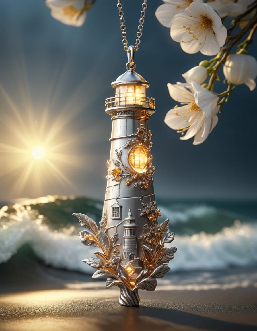 A long detailed pendant necklace depicting a lighthouse beaming gold light down silver crashing deadly ...  by @Kindly Offer