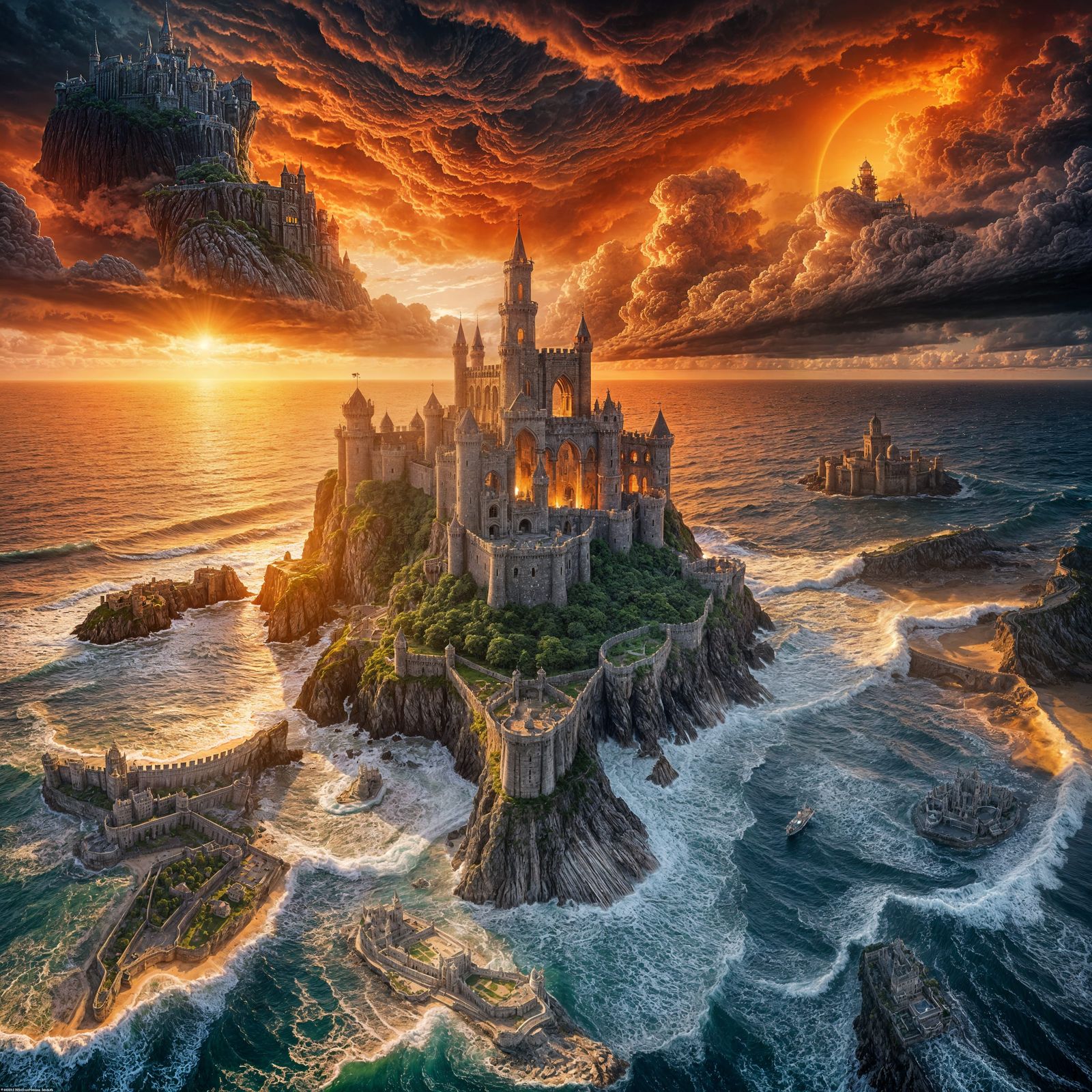 Gothic Fortress on Island Amidst Stormy Sunset