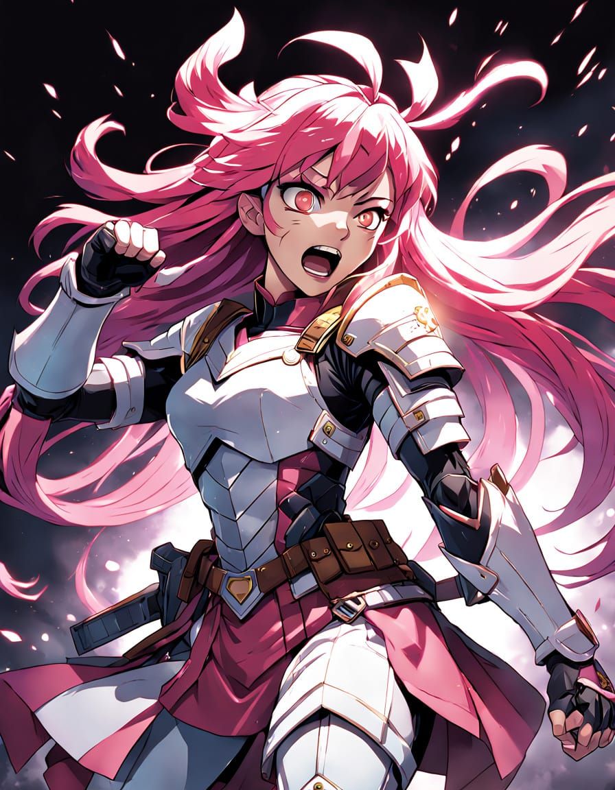 Dramatic Anime Warrior in Vibrant Pink Armor