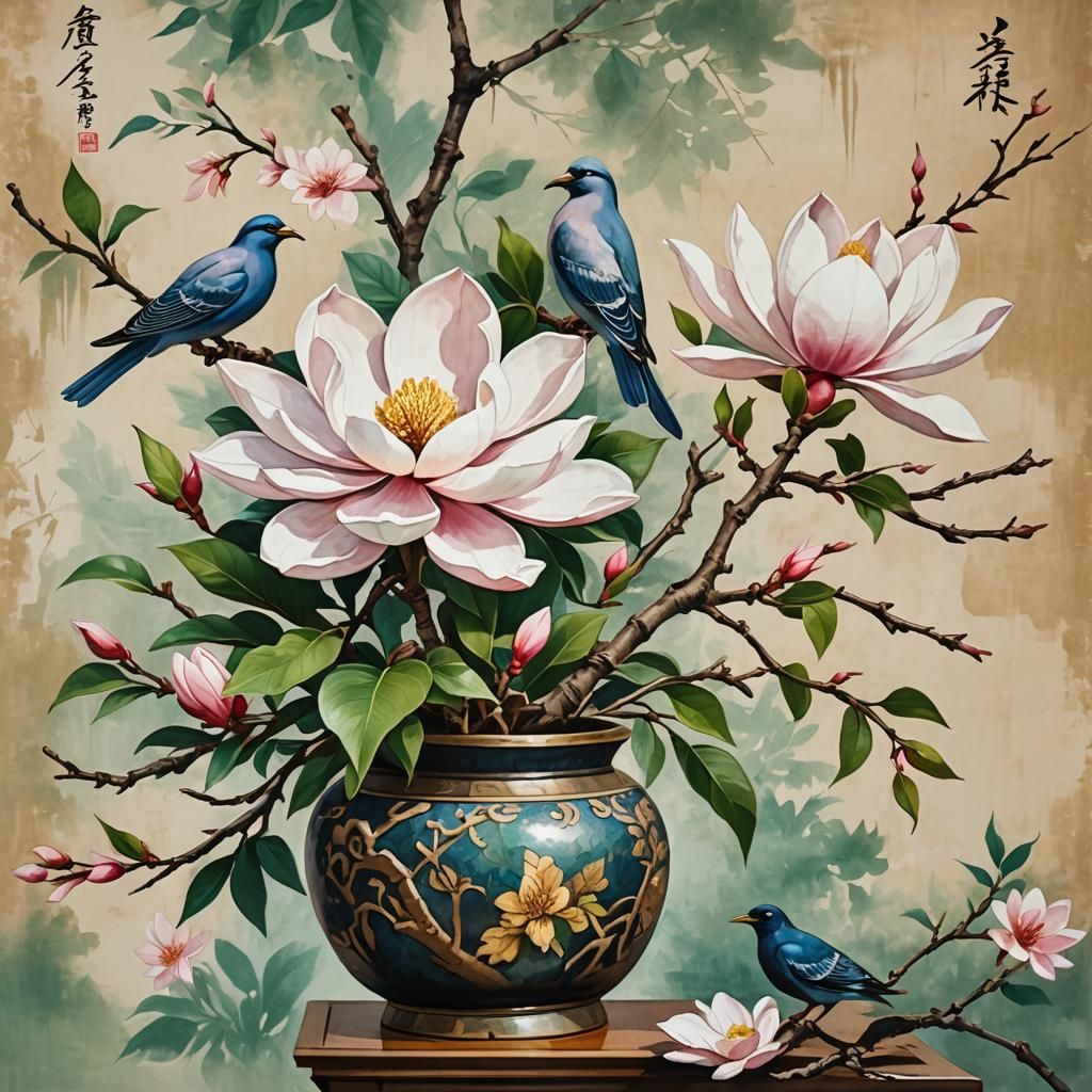 a magnolia ikebana flower arrangement at a tokonoma, with a scroll on the wall behind it of calligraphy ...  by @WaunaPom