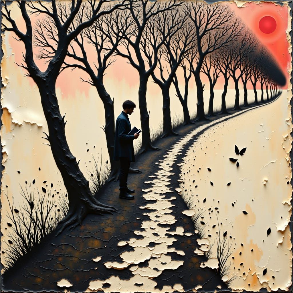 Silhouette Walks Path in Crimson Sunset, Impasto Style