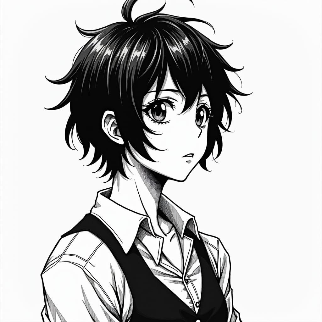 A  Kouta Hirano style black ink hand drawn beautiful anime g...