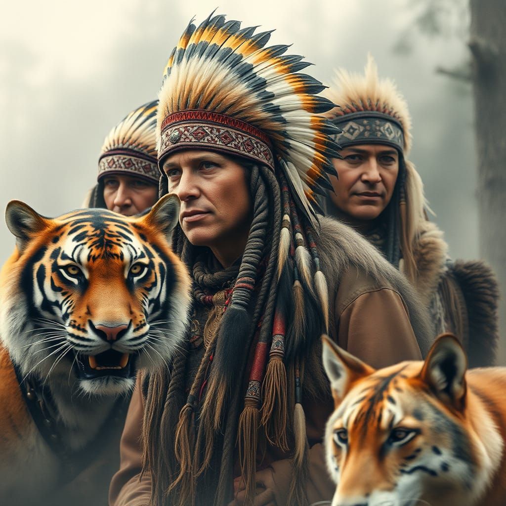 Double exposure, native americans hunting,, tigers and wolve...