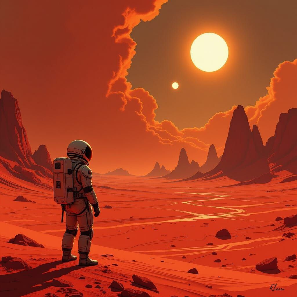 A lone astronaut, clad in a weathered, retro-futuristic spacesuit, stands on the edge of a vast, crimson desert planet. Twin suns cast long,...