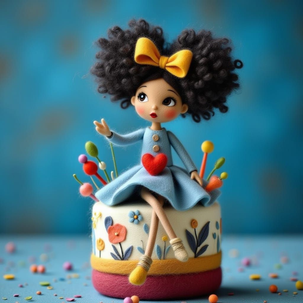 <lora:WOOLEN WORLD FLUX:1.0> a beautiful porcelain-textile woolen doll-like girl jumping out of a big colourful woolen birthday cake, royal ...