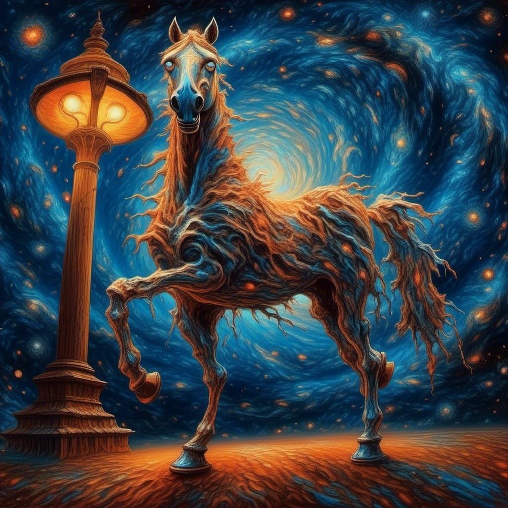 <lora:Laniakea:1.0>, An intensely emotive anthropomorphic screaming horse wearing a diaper, reminiscent of Edvard Munch's iconic The Scream...