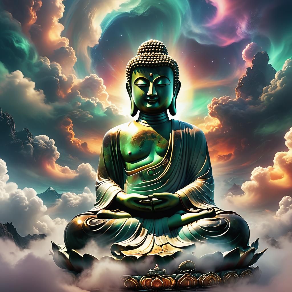 Serene Buddha Figure in Ethereal Cloudscape, Digital Matte P...