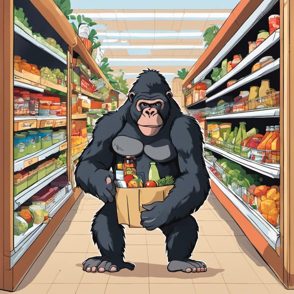 Grocery store with gorilla checking out with groceries, gira...