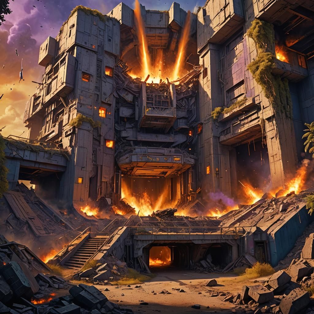 Destroyed Bunker Entrance in Matte Painting Style