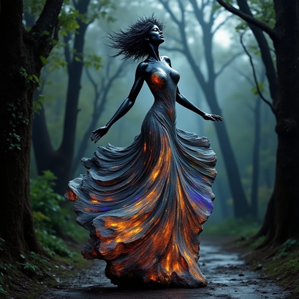 <lora:Archetypal Images:1.0> <lora:Black Opal:1.0> A sculpture of a woman in a dress dancing that is entirely carved from one large black op...