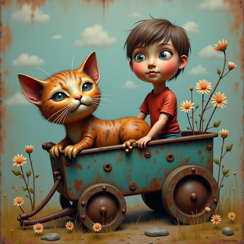 <lora:RustyMetalSurrealism:1.0> little kitten, oil on canvas, in a rusty metal wagon being pulled by a little boy in a red shirt, intricatel...