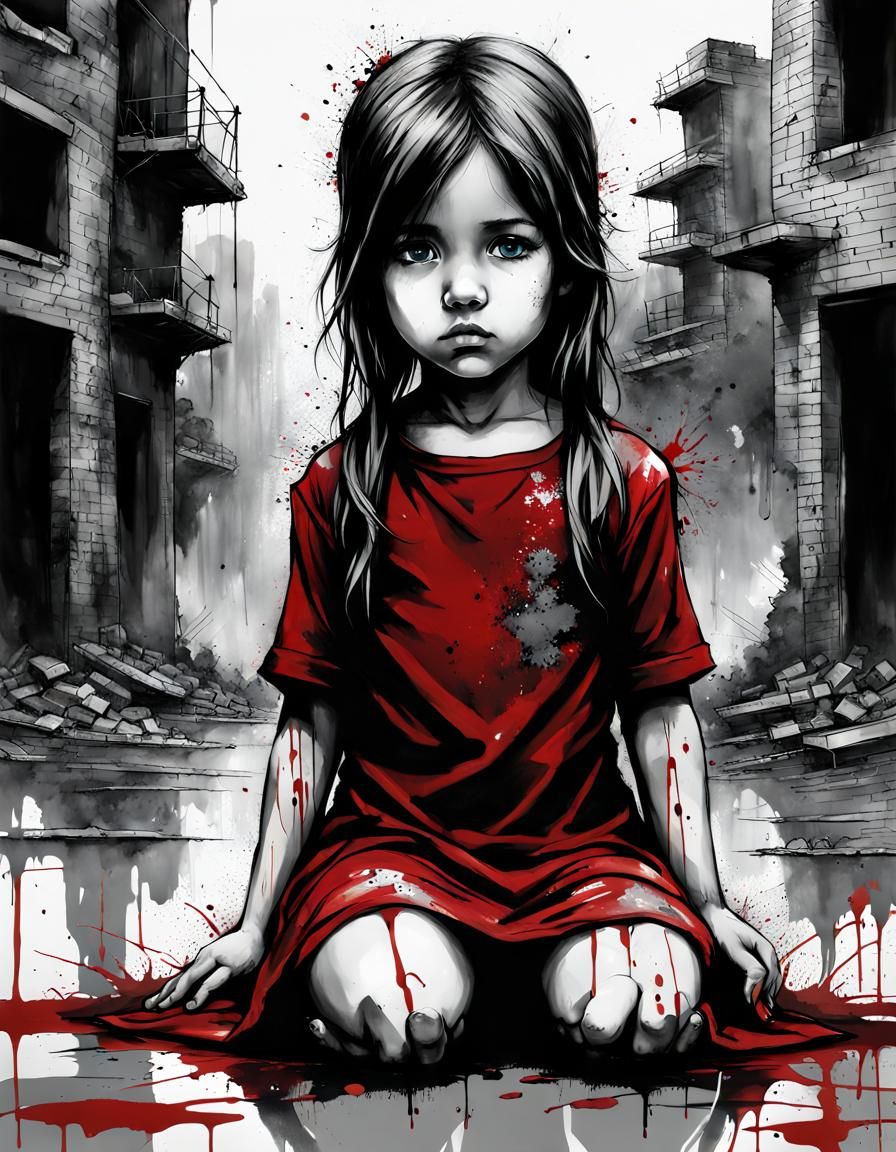 Sad girl in ruined city.  by @proofman