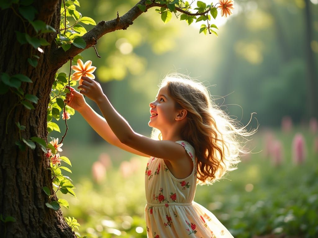 A girl enjoying beautiful tree branches in lush forest, amazing nature. Professional photography, bokeh, natural lightin...