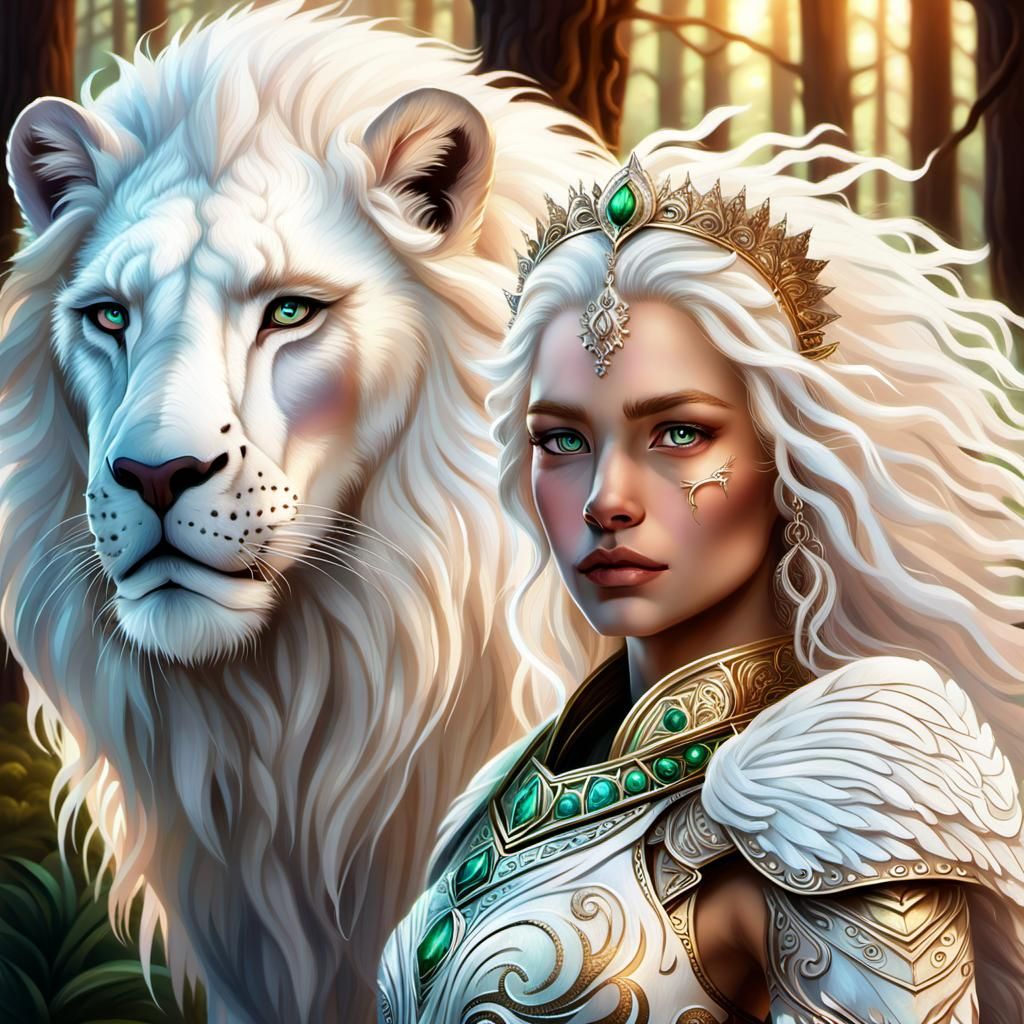 Divine beautiful delicate svelte warrior princess with long flowing white curly hair and green eyes standing beside white lion