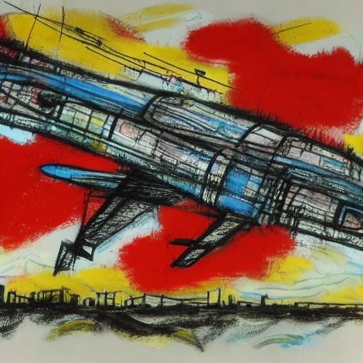 Naive Art of Airplanes Over Cityscape