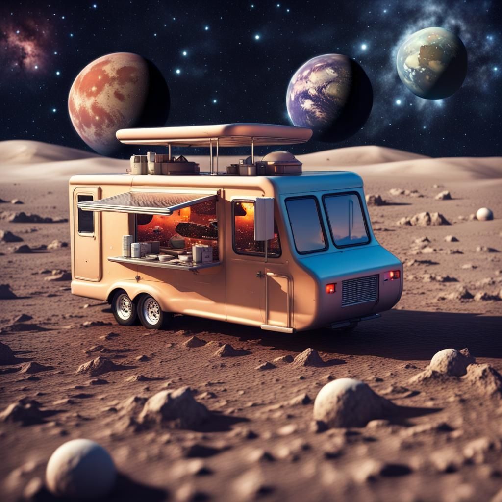 Photograph, Macro, Futuristic food truck on the moon surface...
