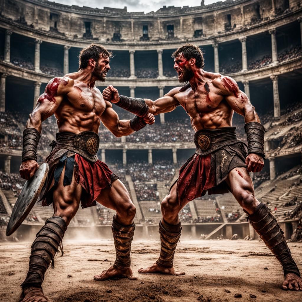 Two Handsome very muscular shirtless male gladiators with short brown hair and wearing skimpy loin cloths in a very bloody fight in an ancie...