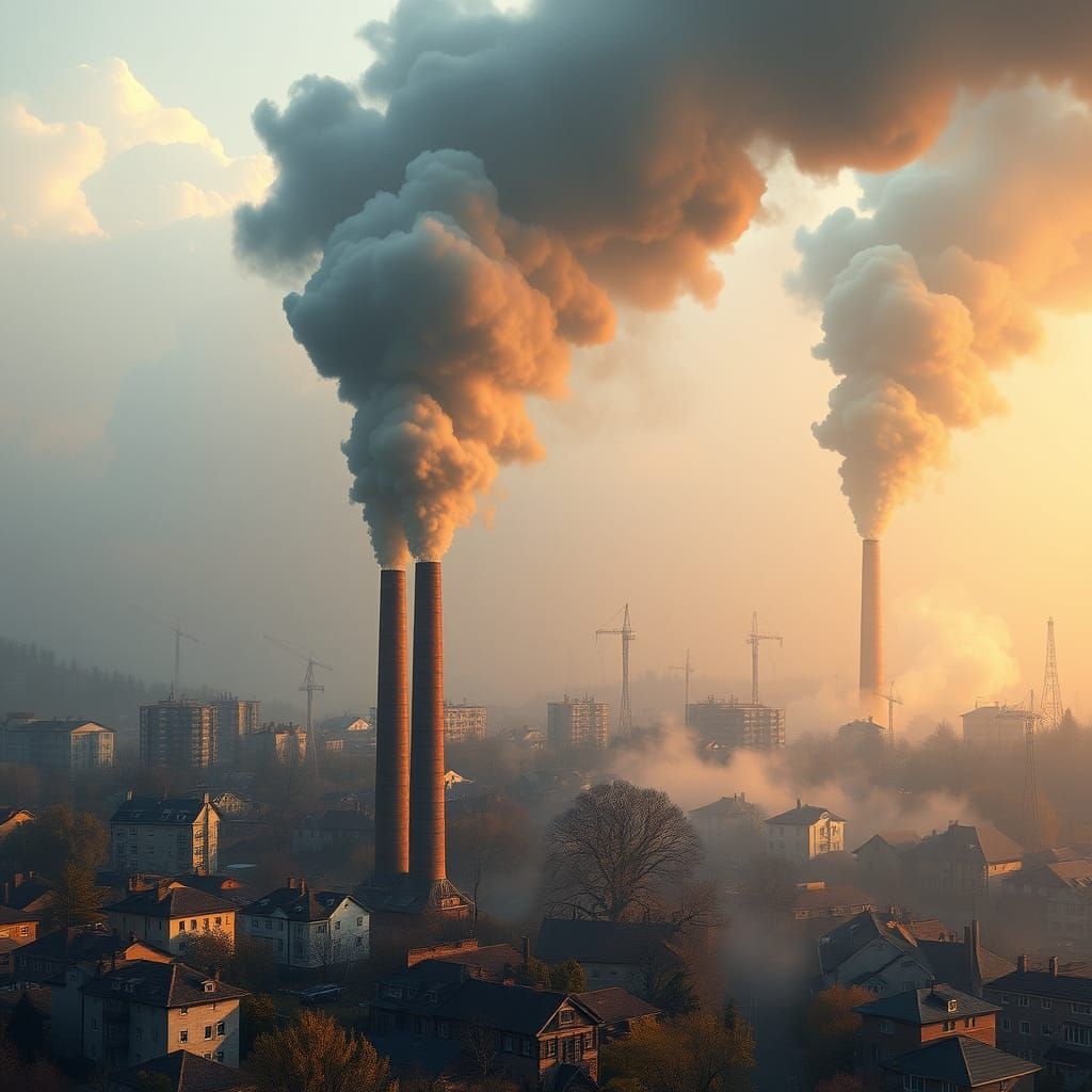 dirty filthy smoky air with chimneys belching pollutants over neighborhoods