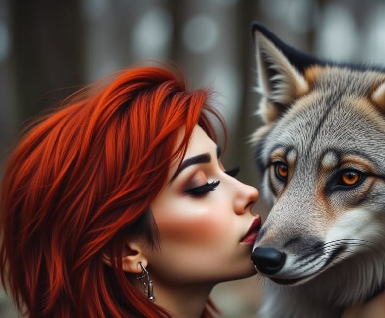 Emo Scene Woman Kisses Fox with Red and Grey Hair