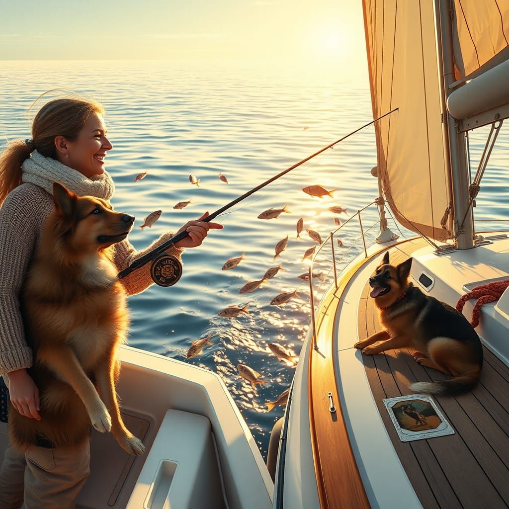 Fishing in a yatch with pet Sheppard dog. Cozy evening, calm...