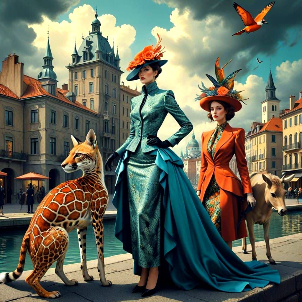 Surrealistic Cityscape of Beautiful Ladies and Fantastical C...