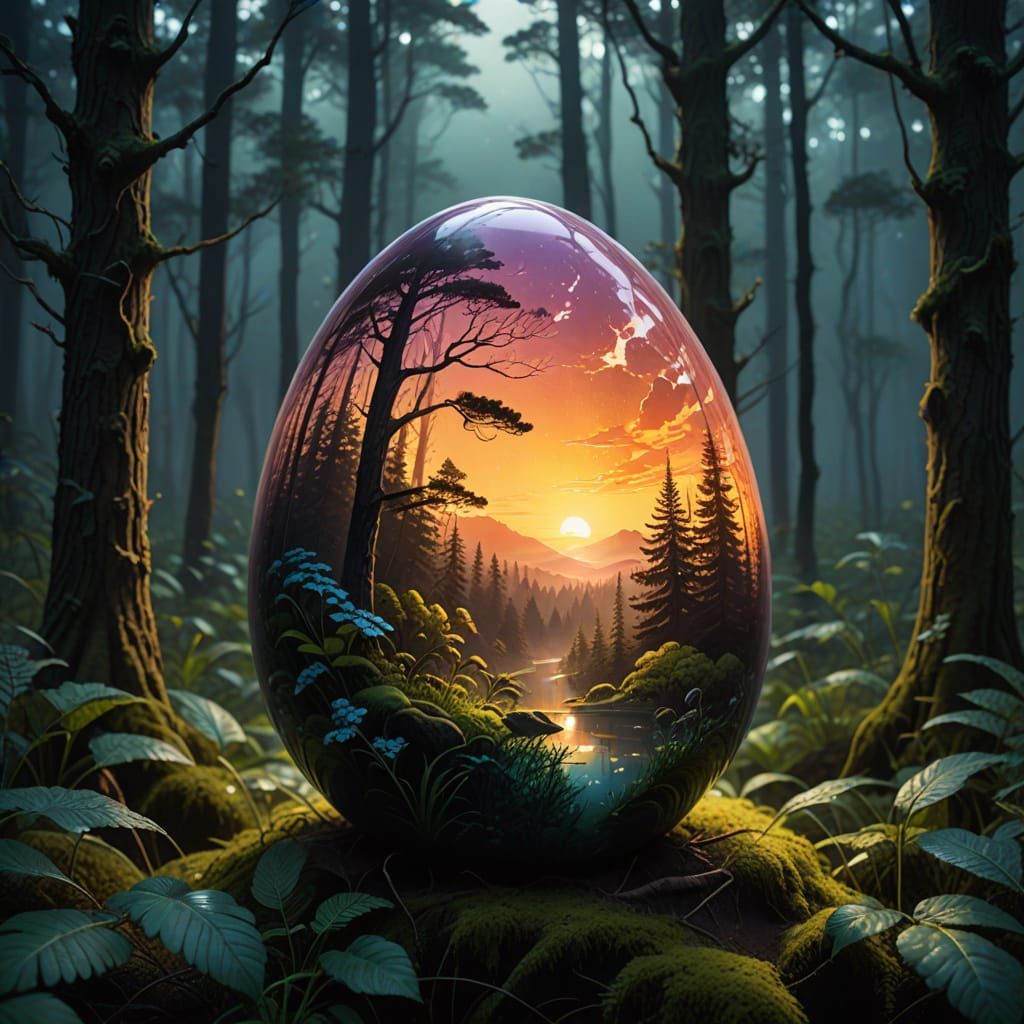 Double Exposure Art. A close-up of an egg, its shell subtly overlaid with an image of a dark forest, ...  by @Moonflowerrose69