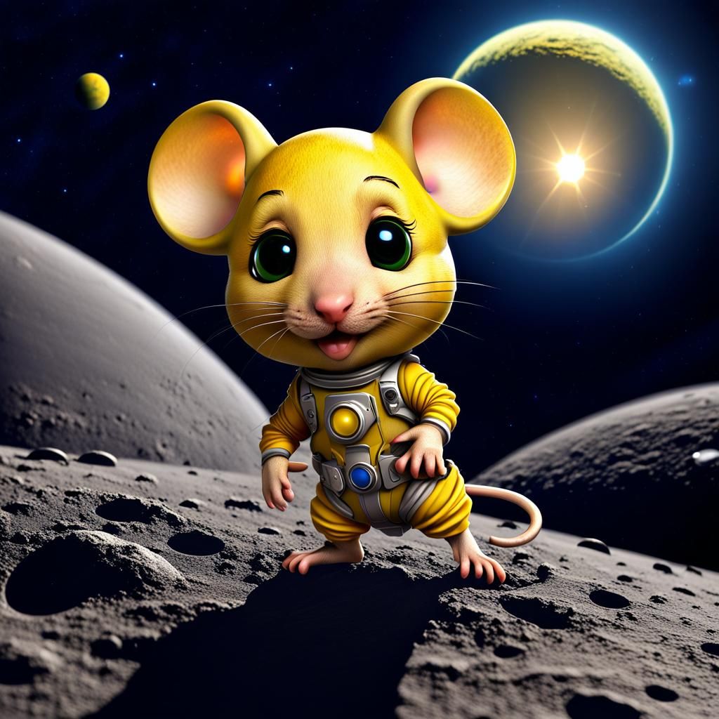 Photograph, Macro, Yellow chibi mouse on the moon surface, night sky with planets, moons, yellow planets, saturns, ufo
