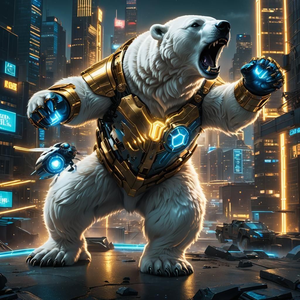 anthropomorphic polar bear with gold mechanical fists fighter  by @A Denmar