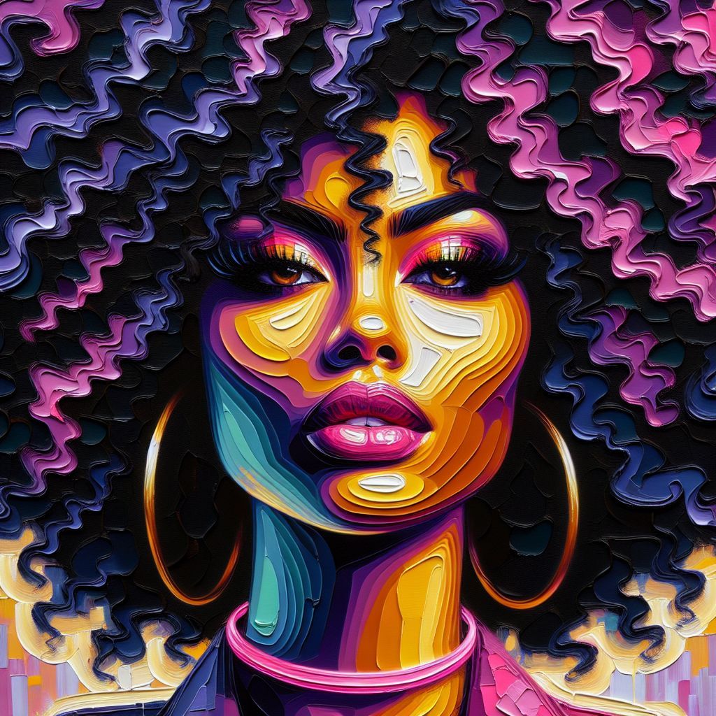A melanated woman with a colorful afro