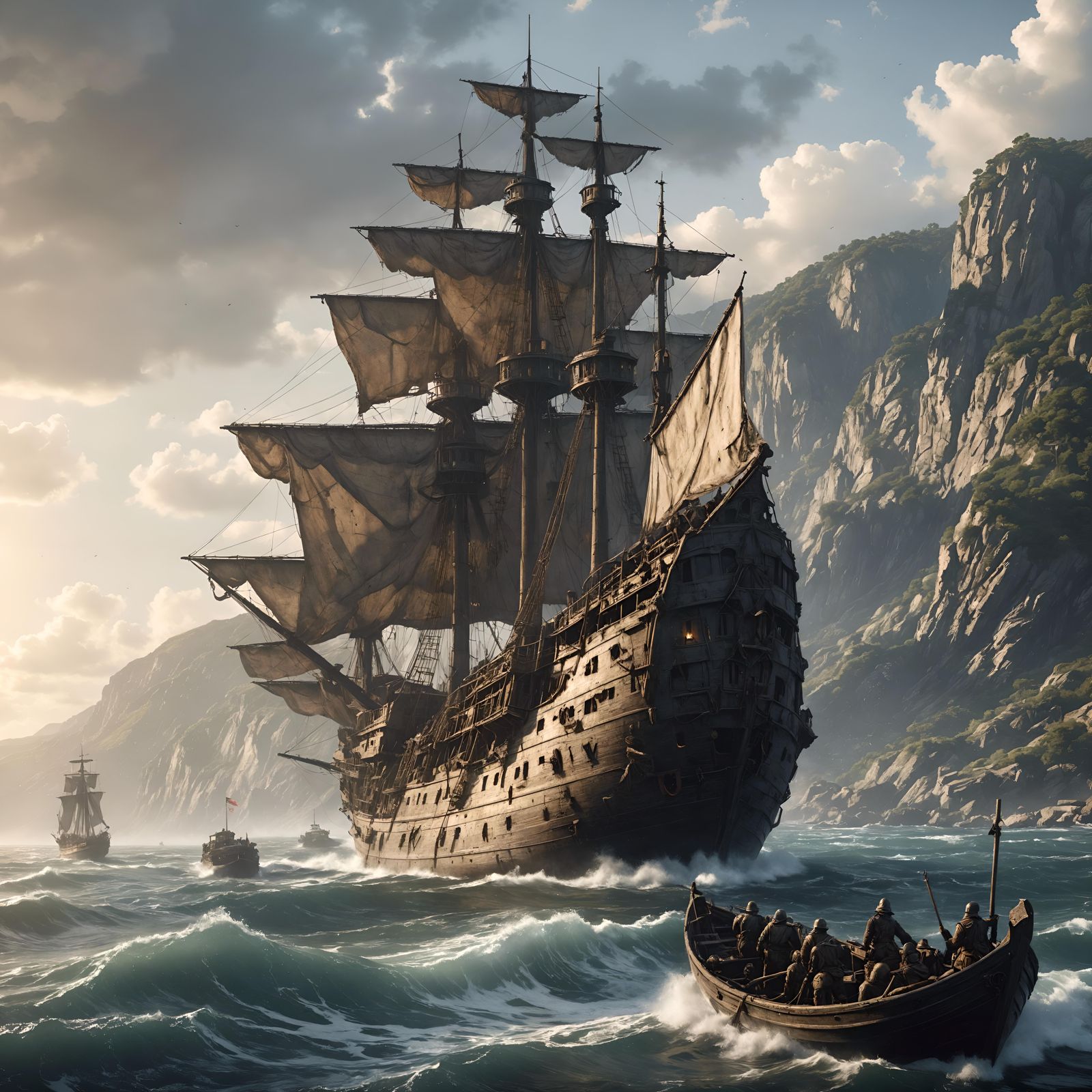 Pirate Ship on Calm Ocean Faces Rogue Wave