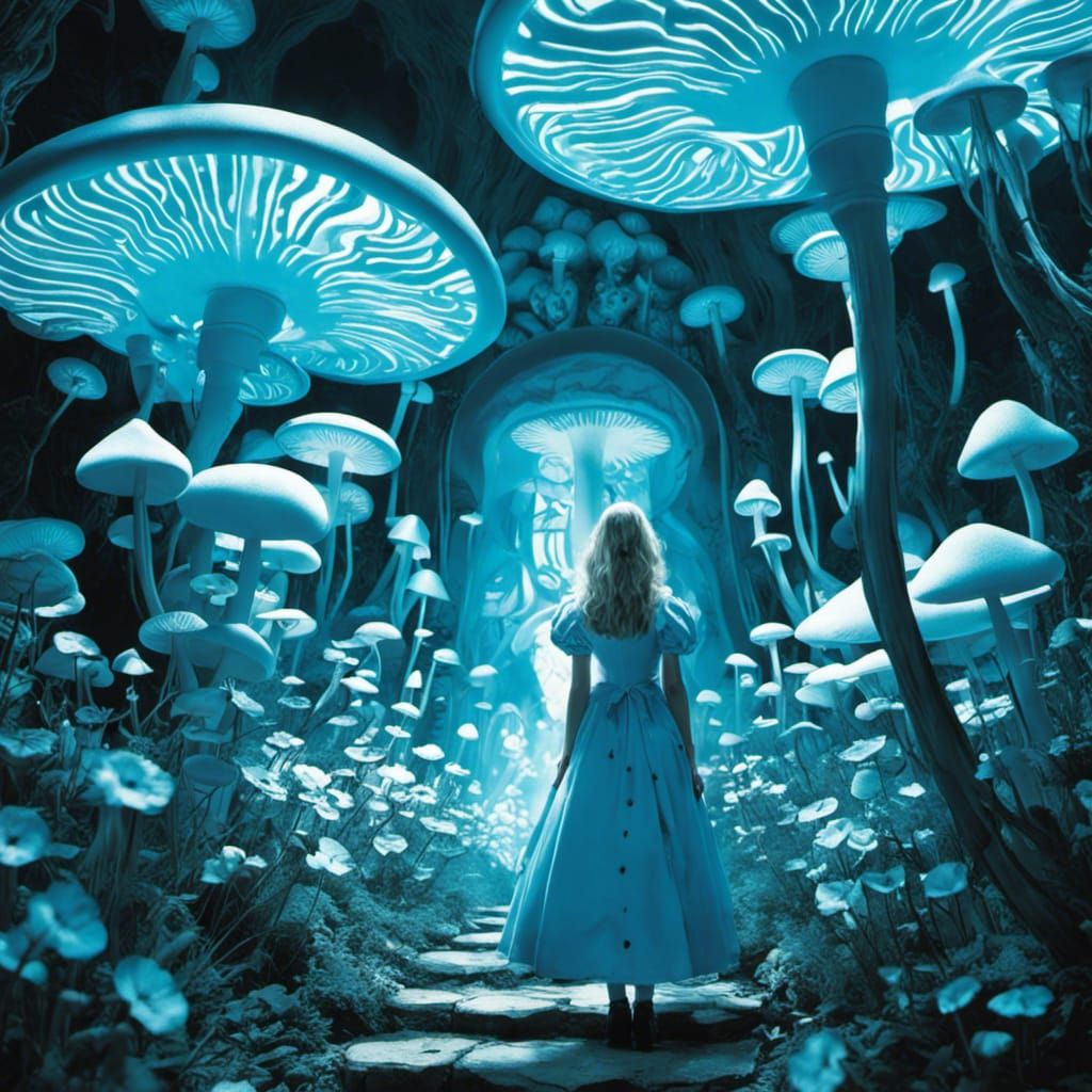 alice from alice in wonderland inside a bioluminescent gigantic pale ...