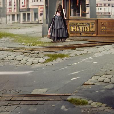 A girl waiting for a tram in 1900