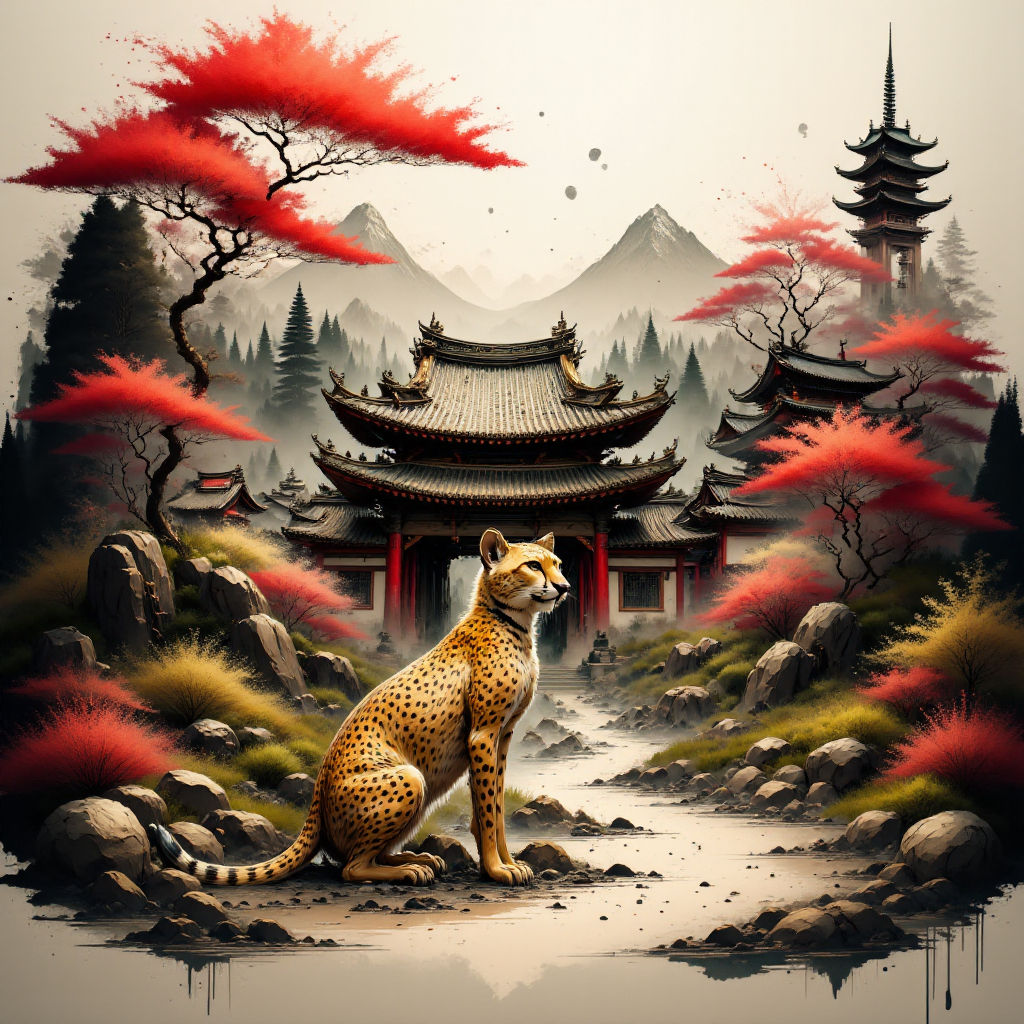 A Cheetah sitting in front of an ornate Japanese house