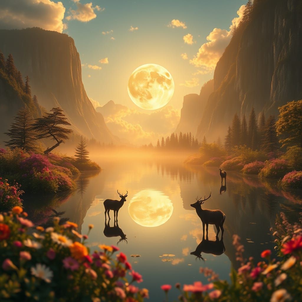 A stunningly cinematic fantasy garden of flowers, trees, and mystical deer bathed in the golden light ...  by @The Carlyle