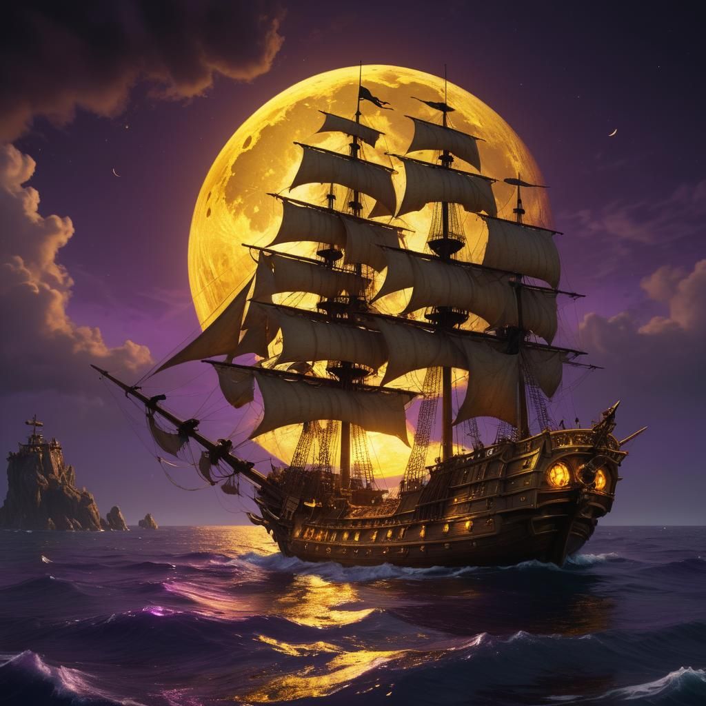Huge single golden moon, Pirate ship at sea, golden glow