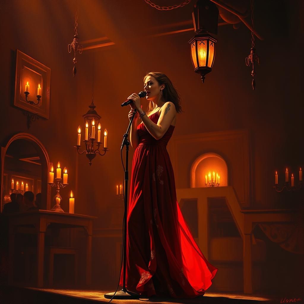 Singer in Red Gown on Dimly Lit Stage
