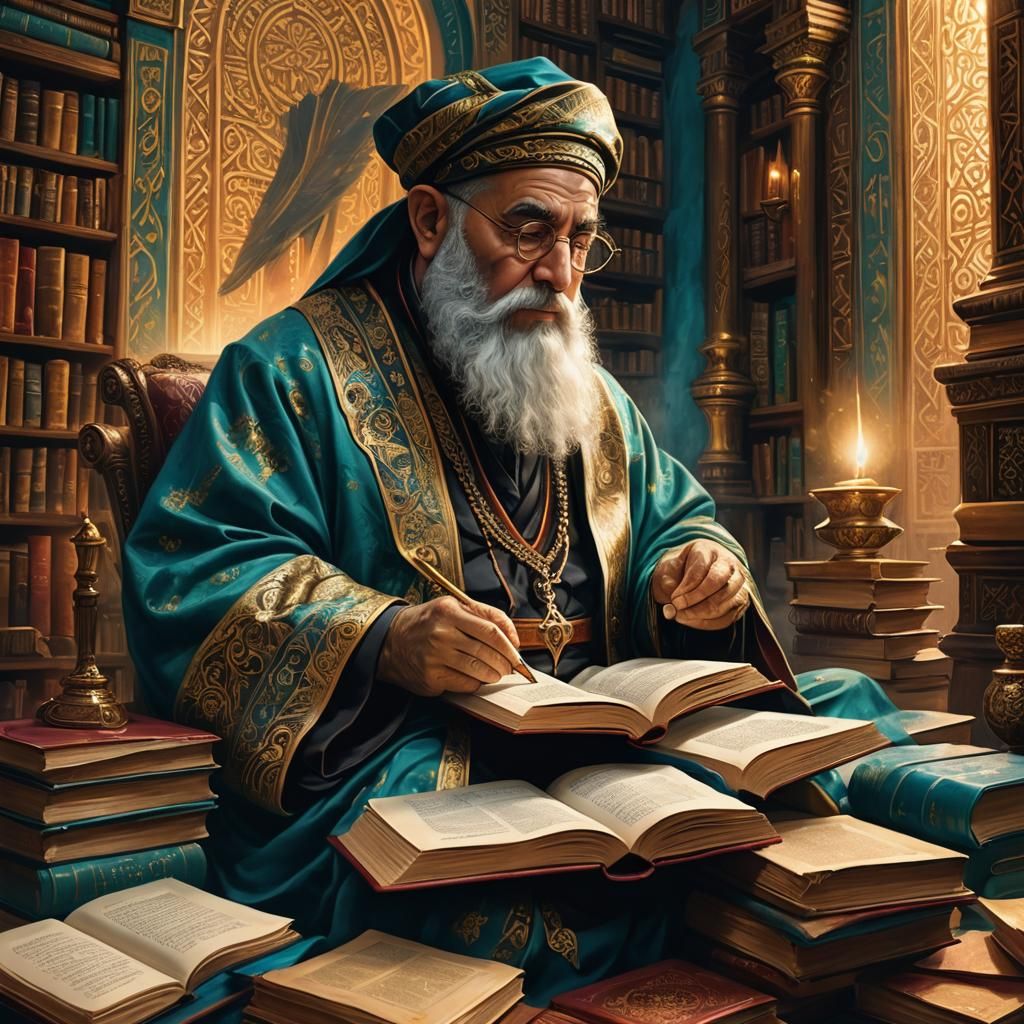 צייר דמות דיוקן של הרב זצוקל"ה יושב ולומד עם הרבה ספרים פתוח...