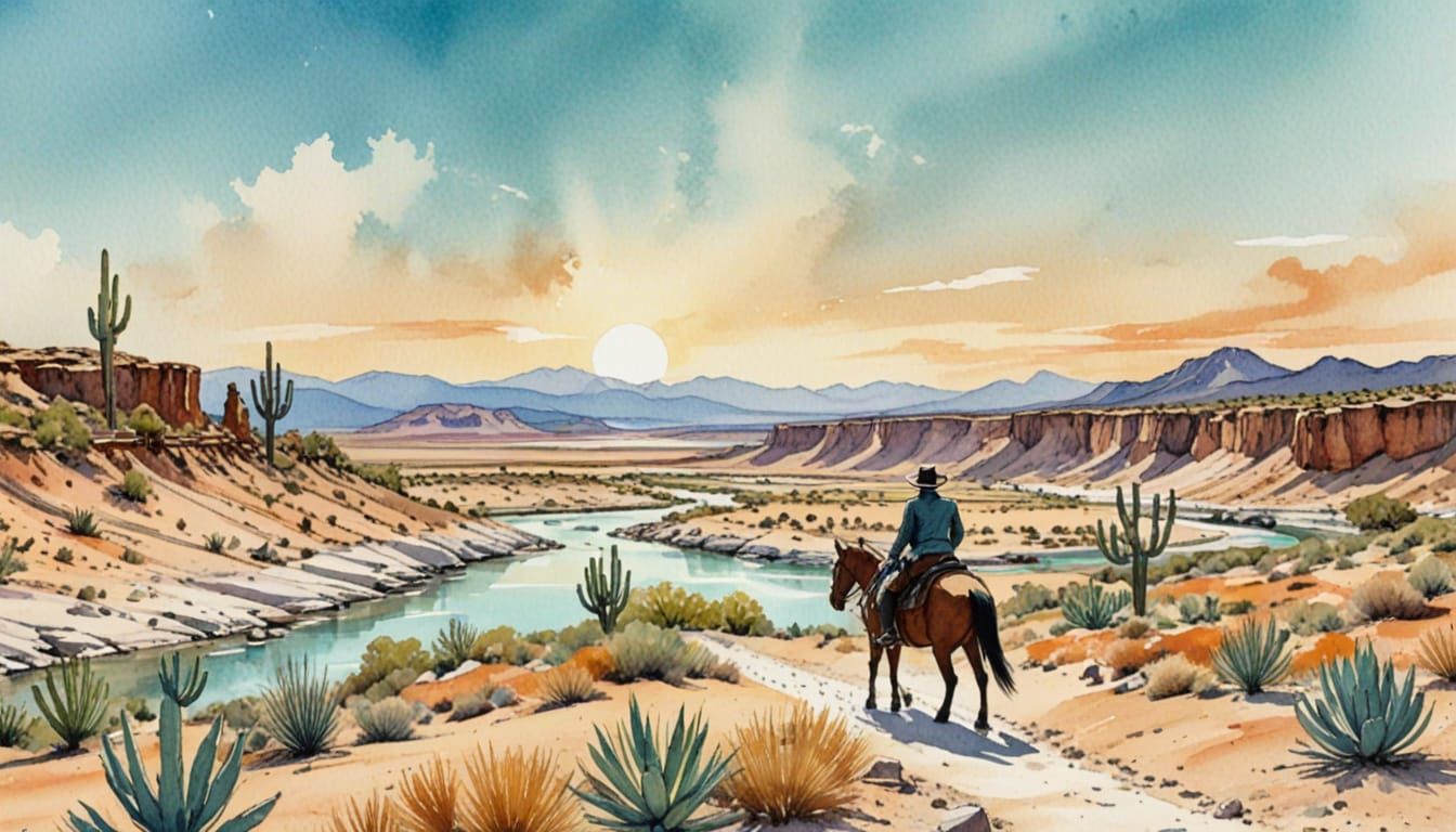 Wild West Cowboy Rides Across Turquoise River in Dreamy Wate...