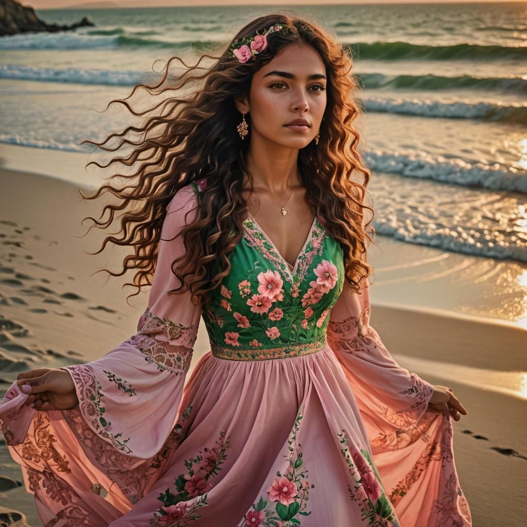 Gorgeous Woman in Pink Dress on Beach at Sunset